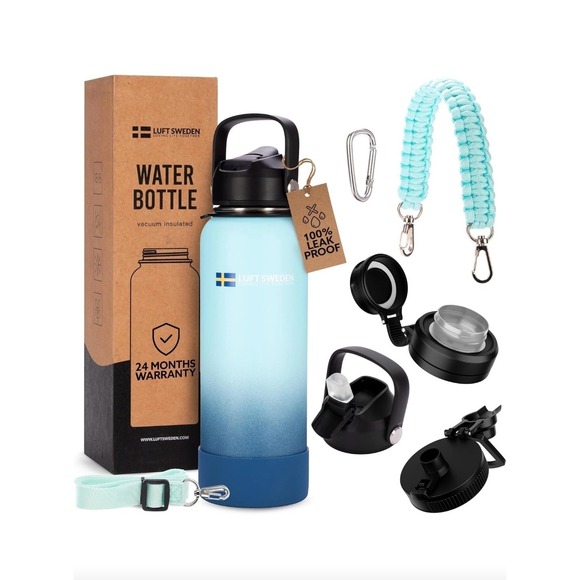 Luft Sweden Water Bottle Vacuum Insulated 34 oz with Extra Lids - Picture 1 of 7